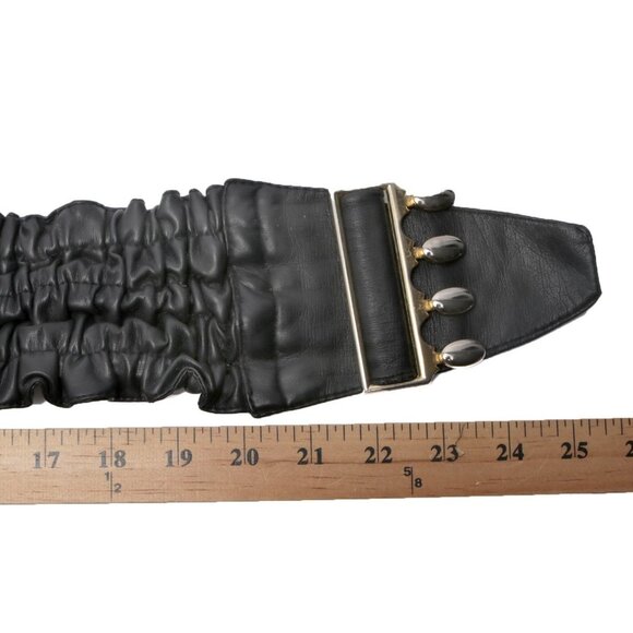 Vegan Faux Leather Wide Cinch Belt Ruffled Black Stretch Waist Band Gold Buckle - Picture 7 of 11